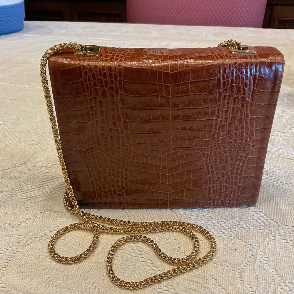 Elegant Brown Leather with Crocodile Pattern Bag with Gold Chain